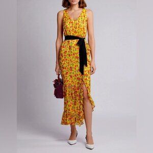 SALONI SILK Blend Rosalind Floral V-neck‎ Ruffled Chiffon Midi Dress Size 2